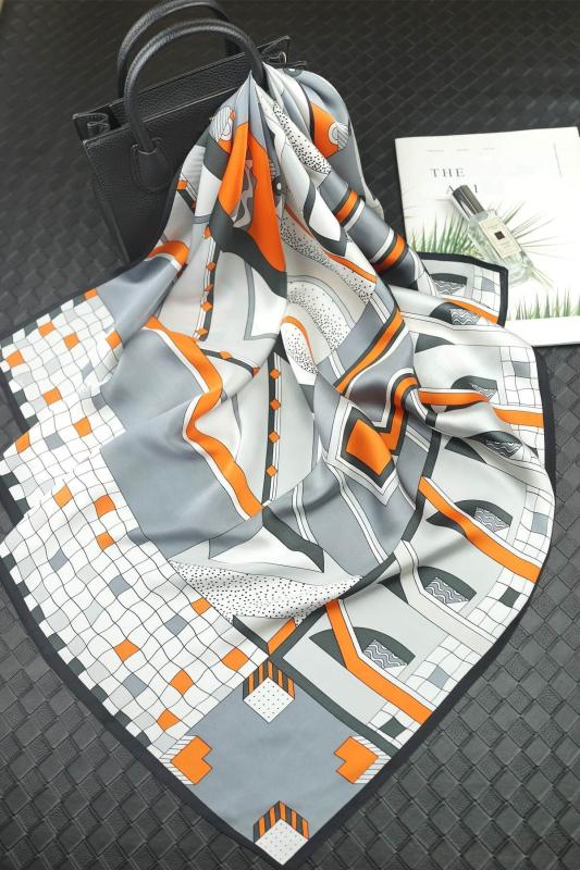 Foulard Shawl Silk Satin 90X90 Geometry Orange Grey Wight Black